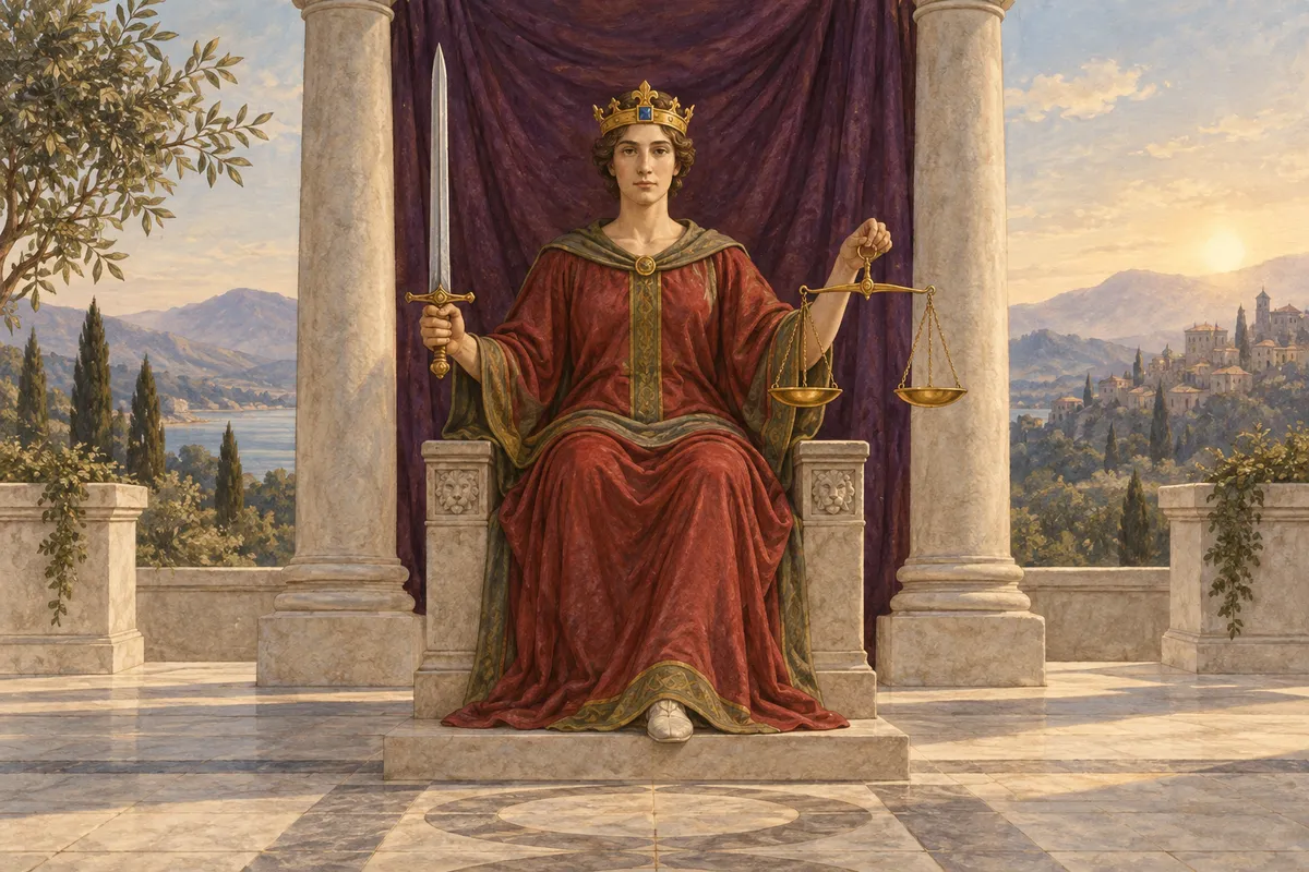 Justice sits between stone pillars, holding an upright sword and balanced golden scales, with a purple curtain behind.