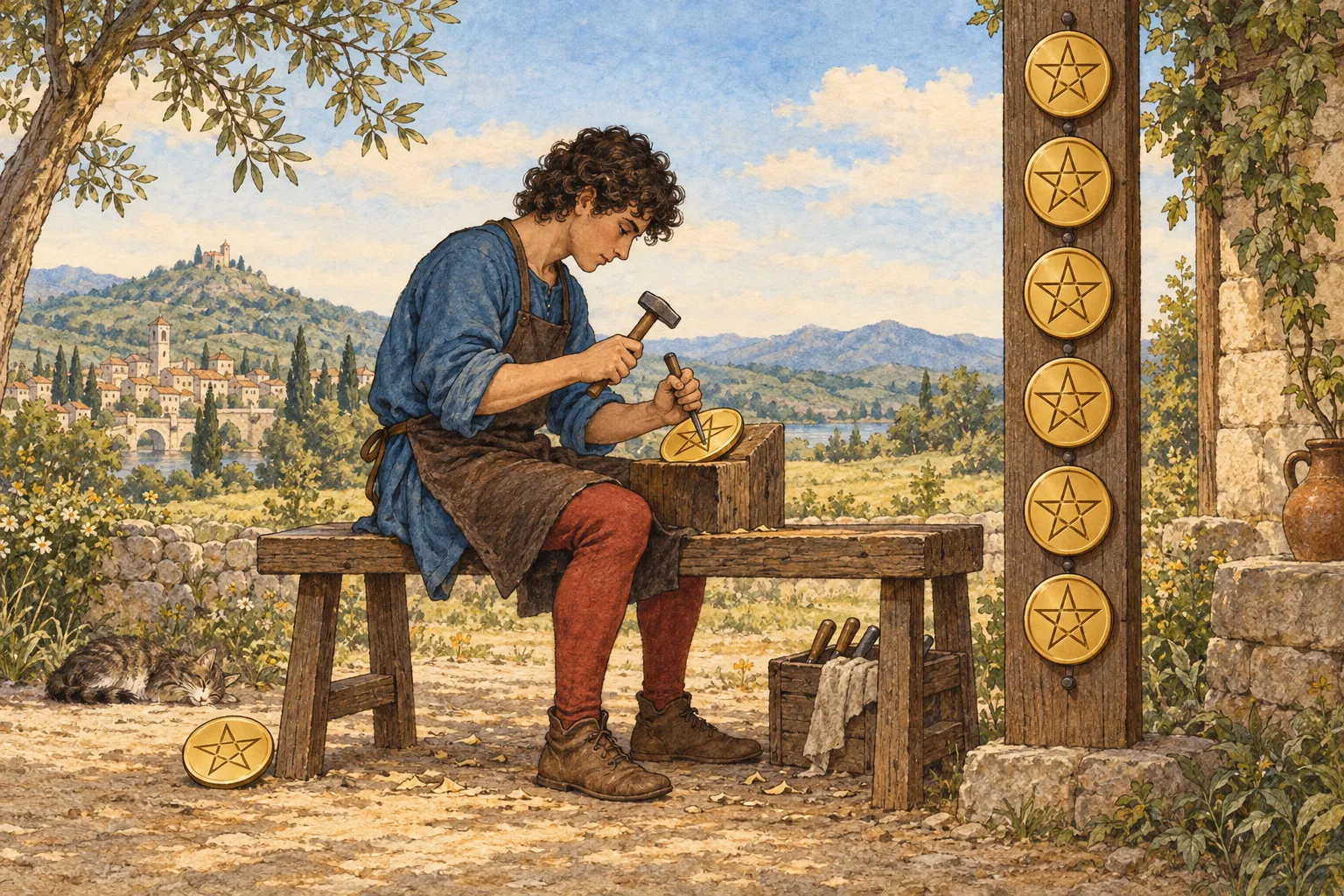 A seated craftsperson chisels a golden pentacle; six finished discs hang on a post and one rests on the ground, with a town beyond.