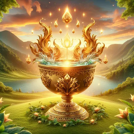 Generate an image showcasing a beautifully ornate golden chalice or cup overflowing with clear, shimmering water. The cup is enveloped by bursts of warm light, symbolic of joy and tranquility. The backdrop features a serene landscape of gentle hills bathed in the glow of a dazzling sunrise, epitomizing fresh starts and optimism. The area encompassing the cup boasts lush verdant greenery, reflective of creativity and emotional satisfaction.