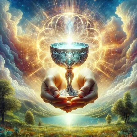 Generate an image of a glowing chalice, filled with shimmering water that appears to embody feelings of love and compassion. The chalice is elegantly held by a divine hand emanating from a lush, fertile landscape and encompassed by a calm, clear sky. A captivating radiance surrounds the cup, representing emotional enlightenment and the commencement of fresh starts.