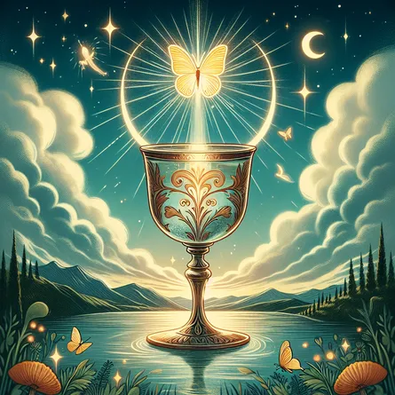 Design an image that features the Ace of Cups from tarot cards. The main focus should be an intricate single goblet, brimming with water, serving as a symbol of rich feelings and undeveloped potential. Surrounding it, lay down a serene landscape backdrop which is gently lit by a soothing, otherworldly illumination suggesting peace and the dawn of something new. Integrate subtle magical details such as soft beams of light or luminescent butterflies floating above the chalice to underscore the card's spiritual and emotional implications.