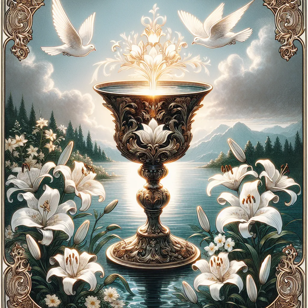 Create a detailed image of a classic tarot Ace of Cups card. The scene should include a majestic, ornate chalice overflowing with water, symbolizing abundance and emotional richness. The cup is surrounded by blooming white lilies and calm waters in a serene natural setting, illuminated by a soft, ethereal glow. The background should include a clear sky and gentle doves flying, representing peace and new beginnings. The style is inspired by traditional tarot illustrations, with rich colors and intricate details.
