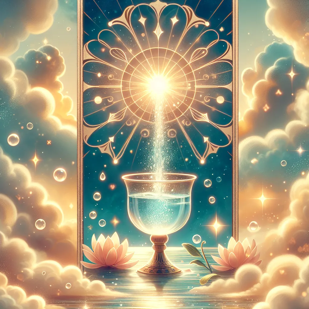 Create an image of the Ace of Cups tarot card. Depict a radiant cup overflowing with sparkling water. The background should be serene and ethereal, featuring gentle clouds and a warm, glowing light symbolizing emotional abundance. Surround the cup with symbols of tranquility and intuition, like lotus flowers and subtle arcs of light. Ensure the overall tone is harmonious and inspiring, capturing the essence of emotional renewal and spiritual awakening.