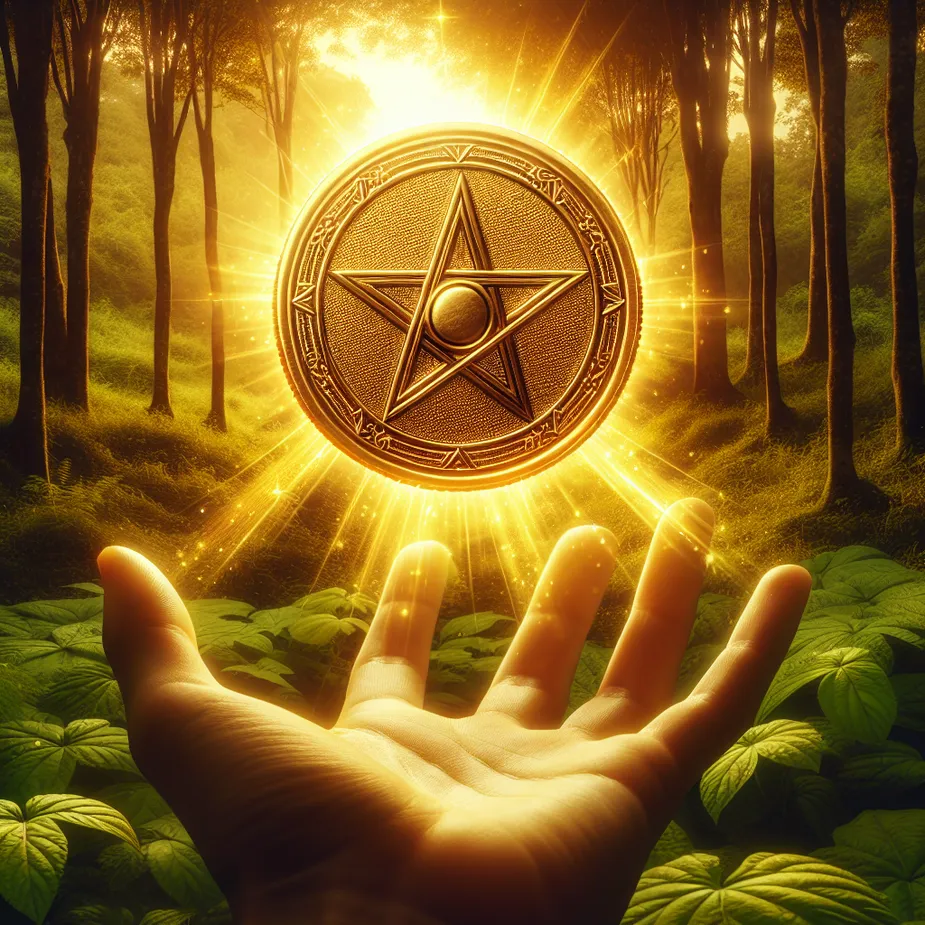 A vivid image that captures a gleaming golden coin, embossed with a pentacle design, levitating over an outstretched hand invitingly opening up amidst the thriving, verdant undergrowth of a secluded forest clearing under the gentle embrace of dawn's golden beams. The coin radiates beams of luminescent light symbolic of ushering in prosperity and a wealth of opportunities.