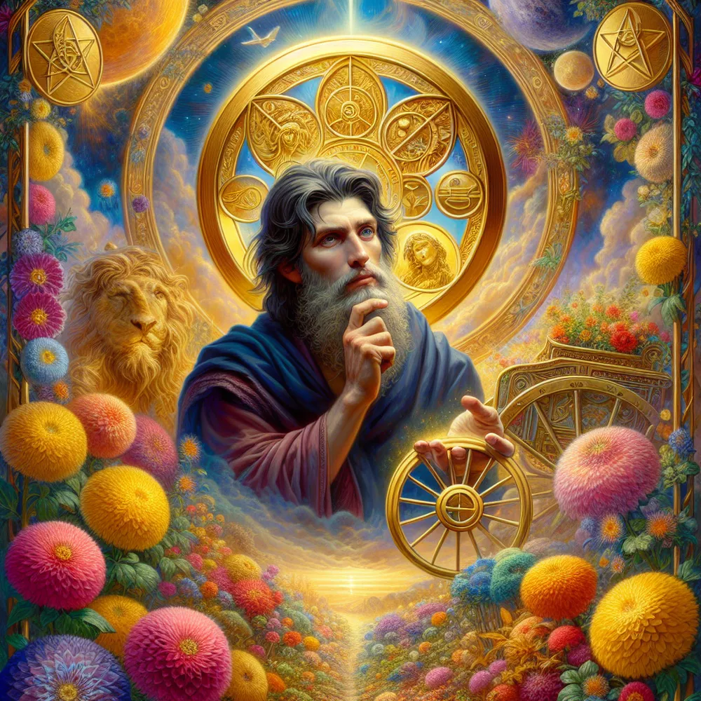 Imagine a mystical scene inspired by tarot symbolism which features the main figure as a thoughtful philosopher of South Asian descent, holding a large golden pentacle in his open hands. In his gaze, we can see a deep contemplation regarding the symbol. Surrounding him is a prosperous garden abundant with vibrant, colourful flowers which signifies wealth and prosperity. Also noticeable in the image is a sturdy chariot positioned in the distant horizon, representing a journey towards success. The complete image conveys an interpretation of the Ace of Pentacles tarot card.
