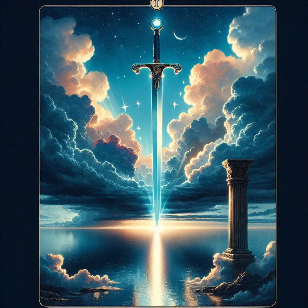 Visualize a dramatic scene depicting the Ace of Swords tarot card. Envision a luminous sword piercing the heart of a cloudy sky, separating them and revealing an azure expanse beyond, brightly lit and clear. The glow of the sword represents the revelations of truth and clarity. Complementing this powerful imagery, incorporate elements evocative of stoic philosophy. Show a tranquil sea reflecting the radiant visage of the sky, embodying equanimity. Additionally, suggest a steadfast stone column implying endurance and constancy, completing this dynamic tableau.