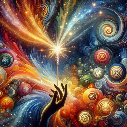 Render an abstract painting where the central focus is a sparkling wand suspended in a colorful atmosphere filled with spirals. These bright swirls symbolize the limitless potential and creativity inherent in all beginnings. This space is imbued with inspirational and awe-striking energy, subtly depicting the fierce initiative of a prominent leader. The composition includes some earth tones and representative symbols that signal the rich connections of family bonds, stability, and affluence, similar to those found in the Ten of Pentacles tarot card.