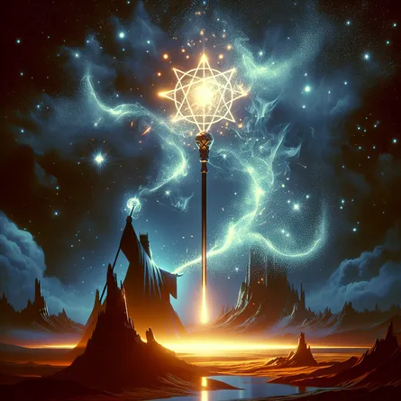Render an image of a luminescent wand levitating against a backdrop of a night sky densely dotted with stars. The wand is enveloped in tongues of fire and bursts of sparkles, signifying the initiation of a new innovative task. Not far away, a striking silhouette of an authoritative figure, symbolic of a King of Swords, cordons off the massive wand. Below these two elements, a rock formation in the shape of a pentacle persists, serving as an emblem of cooperation and togetherness.