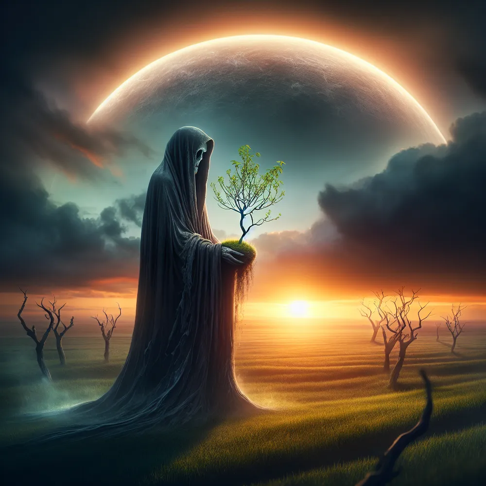 An ethereal yet tranquil vista reveals a stoic figure symbolizing the concept of mortality. This figure, shrouded in robes of dark grey, holds a young tree delicately in its arms, encapsulating the inevitable cycle of decline and renewal. The setting sun in the backdrop throws long, dramatic shadows across the land, yet anticipates the arrival of a fresh day with the last specks of its warm-hued light.