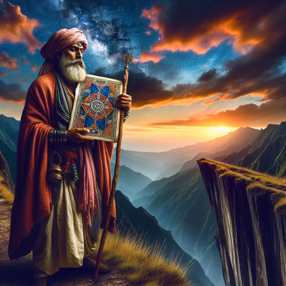 An image showcasing a South Asian male philosopher dressed in ancient garb, adopting a stoic expression standing right at the precipice of a steep rugged cliff. He is holding a large, intricately decorated tarot card that carries the symbol of death. The sky in the background presents a captivating spectacle of a day gracefully transitioning to night, with vibrant hues of orange and pink gradually giving way to the deep blues and blacks of the night. The overall scene is a symbolic representation of the cycle of transformation and change.