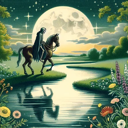 Craft an image of The Death tarot card going through a transformation. The classic ominous skeletal figure and rider on horseback slowly morphing into a tranquil river scene. The river flows gently under the pale moonlight, surrounded by verdant banks and wildflowers, reflecting soft hues of the night sky. The image is rich with symbolism, capturing the essence of change, time's unstoppable flow, and peaceful acceptance of natural cycles.