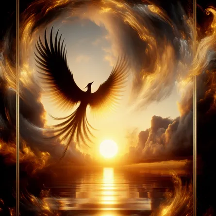 Imagine a serene yet transformative scene. The focus is a golden sunrise, casting a resplendent glow across the sky that fluctuates between black, gold, and shades of orange. An enigmatic silhouette captures the eye, that of a majestic phoenix ascending from its ashes, wings outstretched to greet the new day. This scene reflects the essence of the Death tarot card, characterizing the cycle of life, death and rebirth, a perpetual symphony of change and renewal.