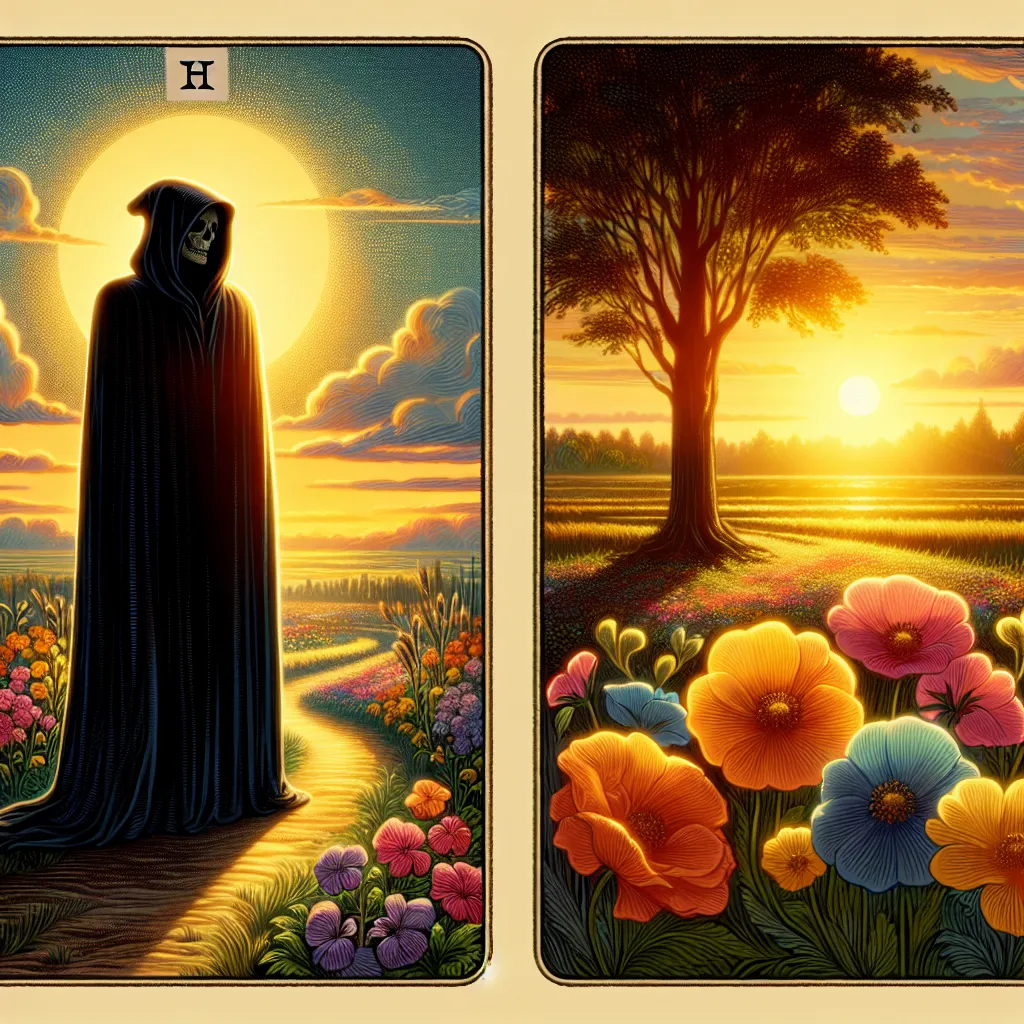 Create an evocative illustration of the Death tarot card, set against a serene, mystical landscape at sunrise. The scene features a tall, dark-cloaked figure with a gentle and inviting presence. In the background, vibrant flowers bloom upon a well-trodden path, symbolizing transformation and new beginnings. The sky transitions from night to day, casting a warm, golden glow over the landscape, capturing the essence of renewal and the cyclical nature of life.