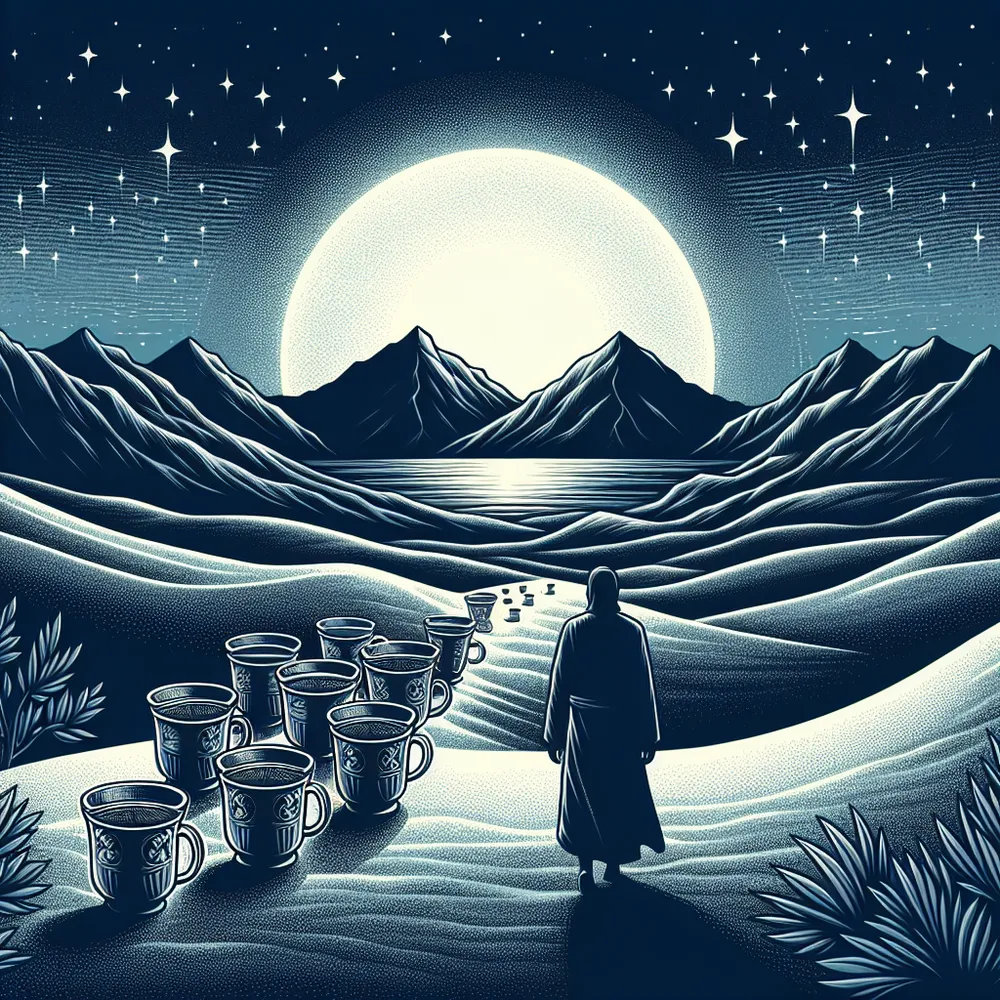 Craft a detailed illustration of a journey happening under the gleaming moonlight, where the focal person is leaving behind eight cups brimming to their rims, as a sign of a deep-seated abandoning. The backdrop of this poignant scene is a serene nocturnal desert, its tranquillity only interrupted by the outline of towering mountains far into the distance that the individual will embark upon, representing the mystery of what's to come.