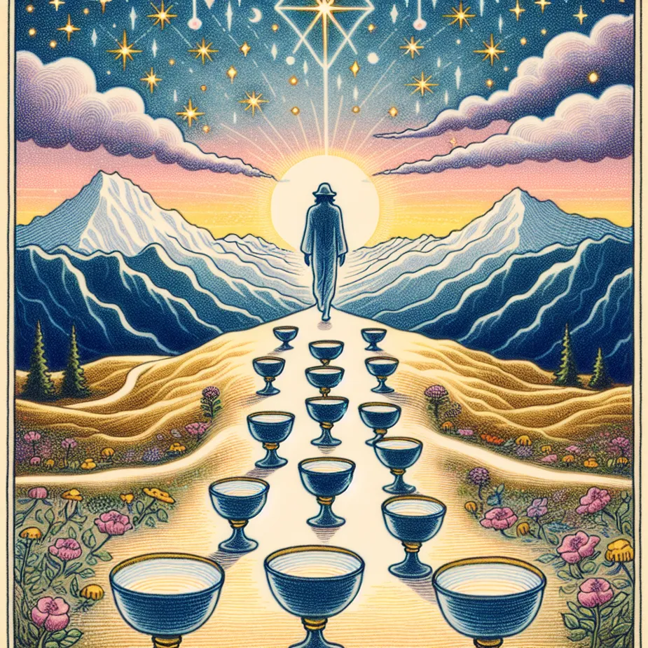 An image of a peaceful figure, whose descent, gender and other individual characteristics are unimportant to the meaning of the scene, leaving behind an arrangement of eight overflowing cups. This figure is making their way toward a trail leading to a mountain. The mountain path suggests a journey towards enlightenment. Above, the sky is a stunning display of twilight hues with countless stars scattered across it, echoing the meditative and empowering energy associated with the Eight of Cups tarot card.