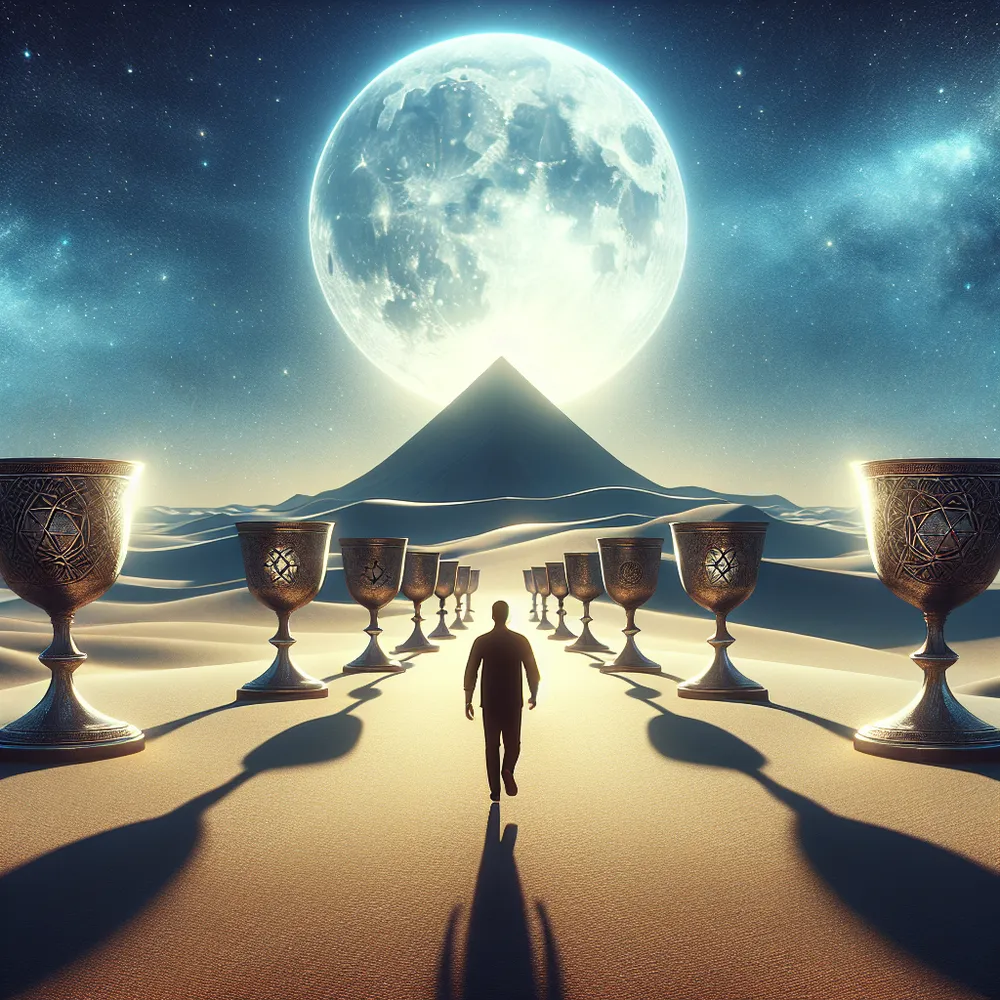 Under the luminous moonlit sky, a vast desert scene unfolds. Eight intricately designed chalices are scattered across the open canvas, reflecting the moonlight. A Black man is walking away from the chalices, venturing solo into the enormous desert landscape, symbolizing his feelings of detachment and thirst for discovery. Adding depth to the scene is the silhouette of a significant distant mountain, a representation of potential challenges and the journey he has chosen to undertake.