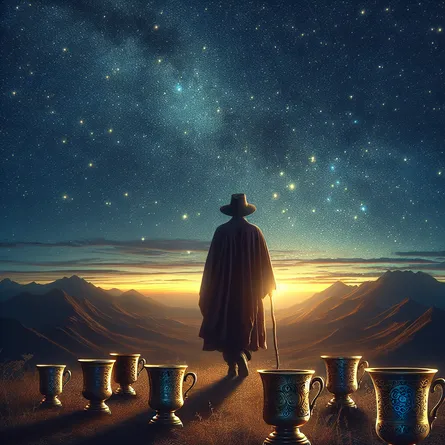 Portray a lone figure seen from the back, wearing a wide-brimmed hat and carrying a walking stick, moving away from a collection of eight ornate cups positioned in the forefront. The figure is traversing toward a horizon marked by towering mountains symbolizing the mystery to come. Set this scene during the twilight hour under a sky crowded with glittering stars, whose soft, comforting radiance mirrors onto the abandoned cups.