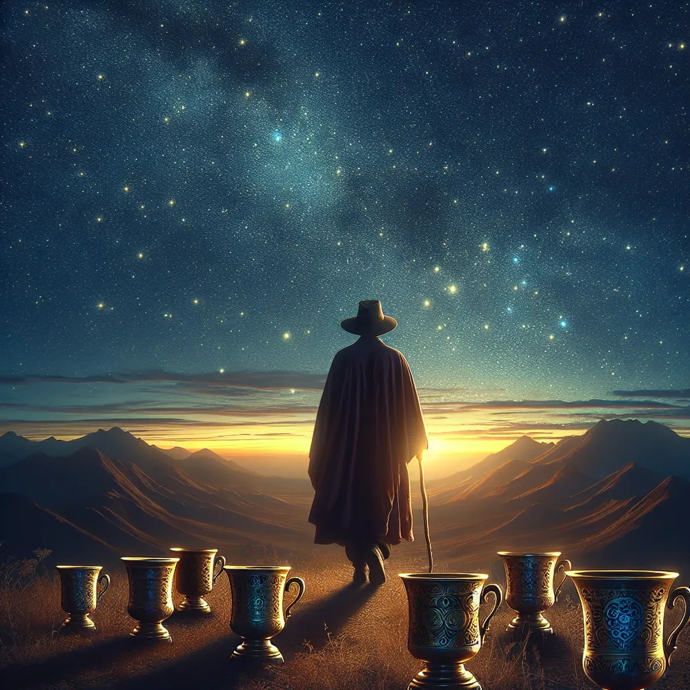 Portray a lone figure seen from the back, wearing a wide-brimmed hat and carrying a walking stick, moving away from a collection of eight ornate cups positioned in the forefront. The figure is traversing toward a horizon marked by towering mountains symbolizing the mystery to come. Set this scene during the twilight hour under a sky crowded with glittering stars, whose soft, comforting radiance mirrors onto the abandoned cups.