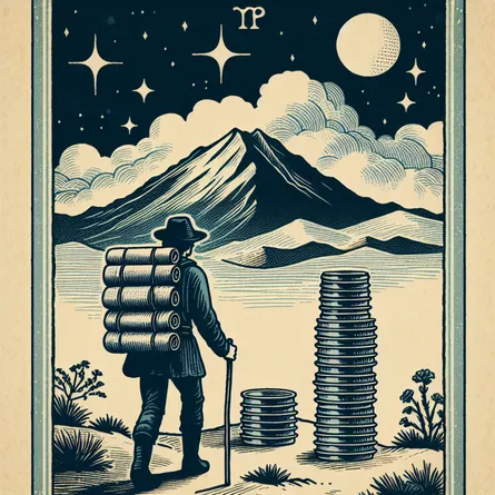 Create a vintage-style illustration of the Eight of Cups tarot card. Visualize a traveler of unspecified descent leaving behind eight neatly stacked cups which represent emotional ties, insufficient joys, or past regrets. This adventurer is heading towards a distant mountain, symbolizing self-learning and higher truths. Incorporate elements of a moonlit night, indicating the mysterious and unknowable path they are embarking on, reminiscent of older tarot decks.