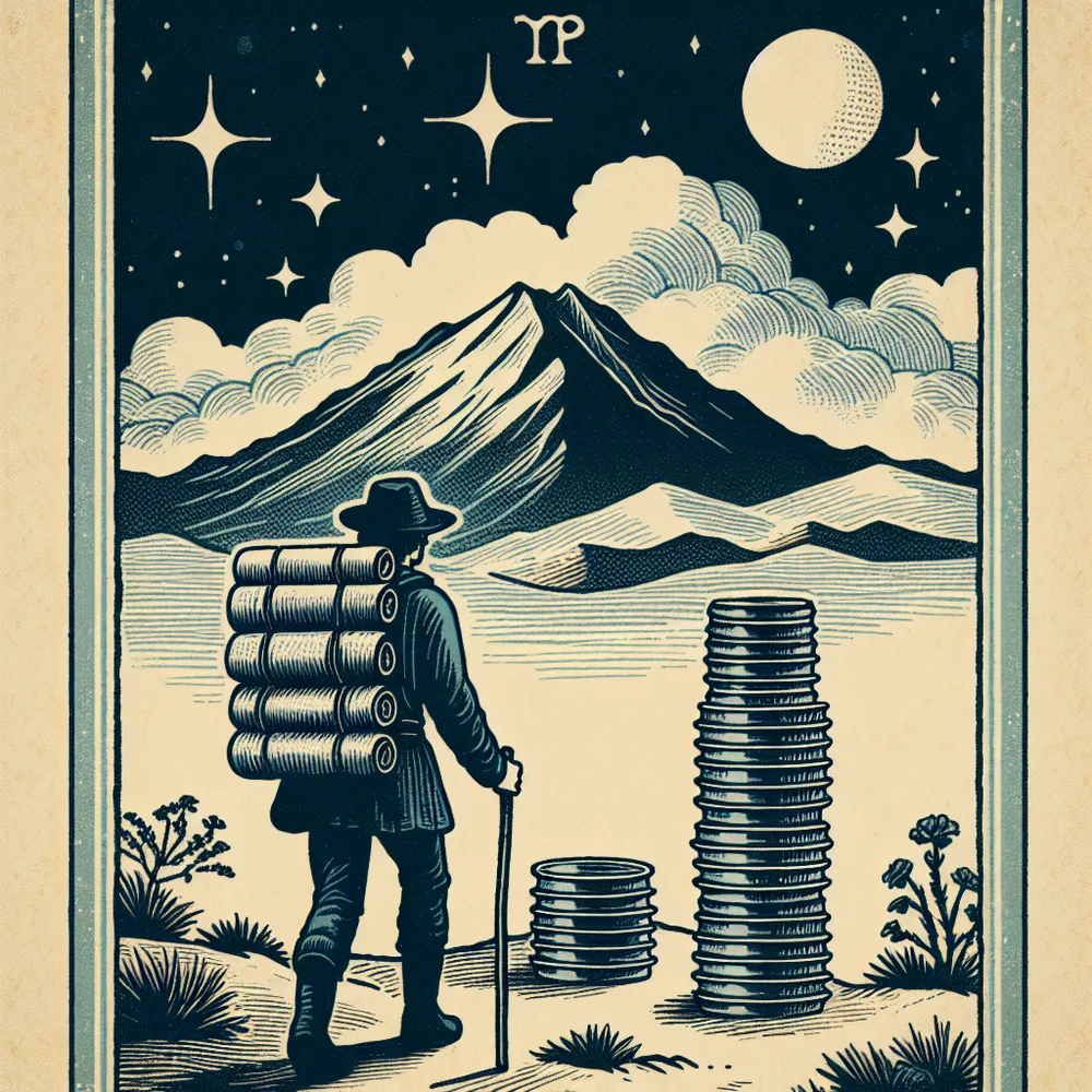 Create a vintage-style illustration of the Eight of Cups tarot card. Visualize a traveler of unspecified descent leaving behind eight neatly stacked cups which represent emotional ties, insufficient joys, or past regrets. This adventurer is heading towards a distant mountain, symbolizing self-learning and higher truths. Incorporate elements of a moonlit night, indicating the mysterious and unknowable path they are embarking on, reminiscent of older tarot decks.