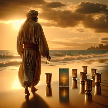 A stoic philosopher of Middle-Eastern descent strolling away from a scene of eight cups, overflowing with an unknown liquid, set on the peaceful sands of a serene beach. The ambiance of the seafront scene is warm yet reflective, with the golden hues of a setting sun gently cascading onto the ground. This tableau mirrors the symbolic and spiritual representation of the tarot card, the Eight of Cups. The philosopher is clad in traditional attire, subtly communicating his ancient wisdom within this symbolic framework, and the mood of the setting mirrors a contemplative and reflective state.