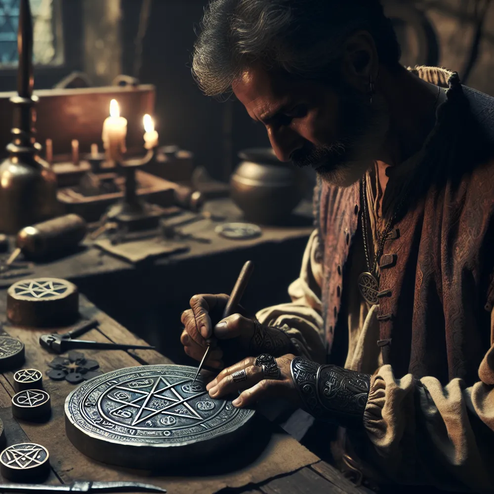 A middle-aged South Asian man, donned in medieval clothing with signs of wear and tear, is meticulously etching eight pentacle symbols on a large metallic coin. He's working intensively in his rustic workshop, surrounded by various tools of his trade. The only light source in the dimly-lit room is the soft glow emitting from a couple of strategically placed candles, casting intriguing shadows and illuminating the picturesque scene.