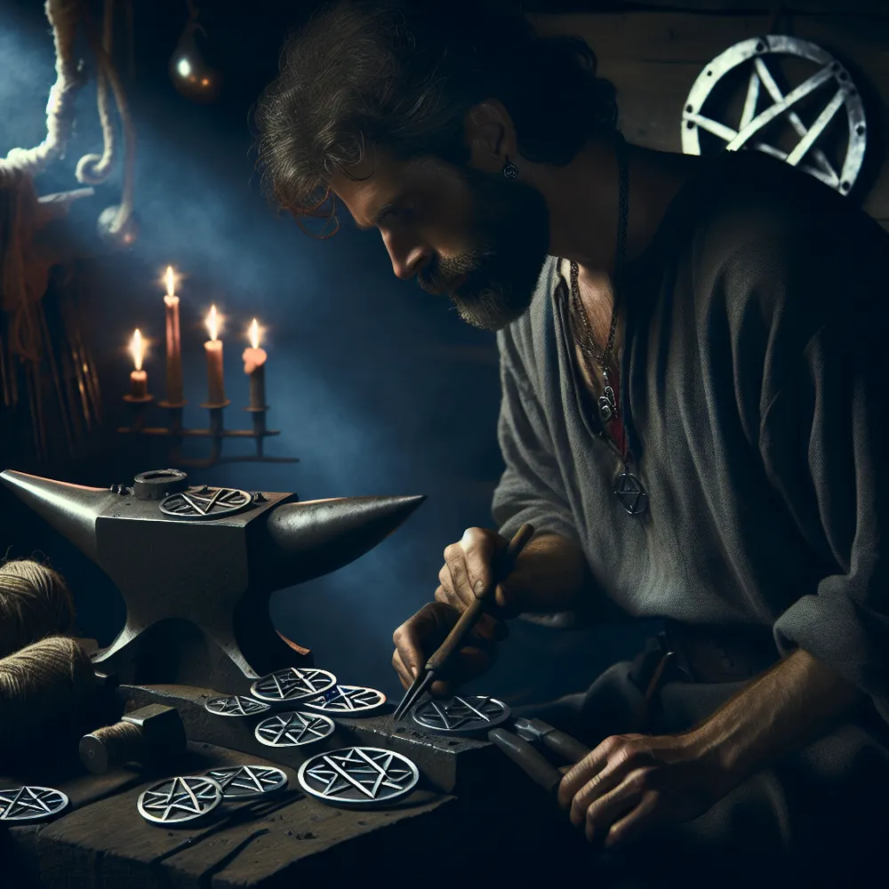 A blacksmith of Caucasian descent, enveloped in shadows and illuminated by the soft glow of eight stars, is meticulously crafting metallic pentacles. His eyes are focused and his expressions show unwavering dedication to his craft, signifying his expertise in metallurgy. The surrounding environment manifests tranquility and solitude, representing an ancient rustic smithy. The aura of the scene subtly conveys the virtues of patience and perseverance. The ancient tools and materials used in his craft are scattered around, adding a touch of historical authenticity to the scene.