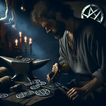 A blacksmith of Caucasian descent, enveloped in shadows and illuminated by the soft glow of eight stars, is meticulously crafting metallic pentacles. His eyes are focused and his expressions show unwavering dedication to his craft, signifying his expertise in metallurgy. The surrounding environment manifests tranquility and solitude, representing an ancient rustic smithy. The aura of the scene subtly conveys the virtues of patience and perseverance. The ancient tools and materials used in his craft are scattered around, adding a touch of historical authenticity to the scene.
