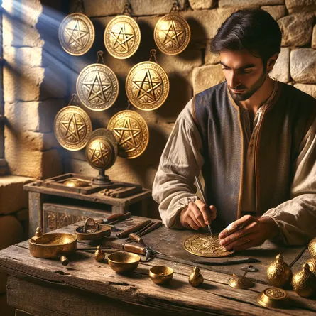 A diligent Middle-Eastern craftsman working attentively on a golden Pentacle at a medieval wooden workbench. Eight splendid pentacles hang orderly at the background on an antique stone wall, emblematic of his continuous progress. His expression is tranquil and focused, indicative of his intense concentration. Bright sunlight pouring in from a proximate window highlights the intricate details of his work and the radiant glow of the pentacles. The overall setting is reminiscent of a medieval artisan's workshop, filled with a sense of antiquity and craftsmanship.