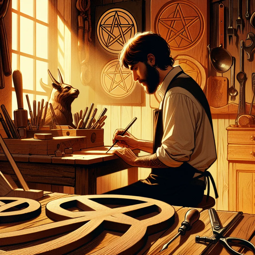 Create an illustration of a dedicated artisan working meticulously at a wooden workbench, surrounded by carved pentacles. The scene is set in a warmly lit workshop filled with tools and materials. The artisan is focused, embodying the spirit of diligence and mastery. Showcase a sense of patience and attentive craftsmanship, with light streaming through a window, casting gentle shadows that add depth to the scene.