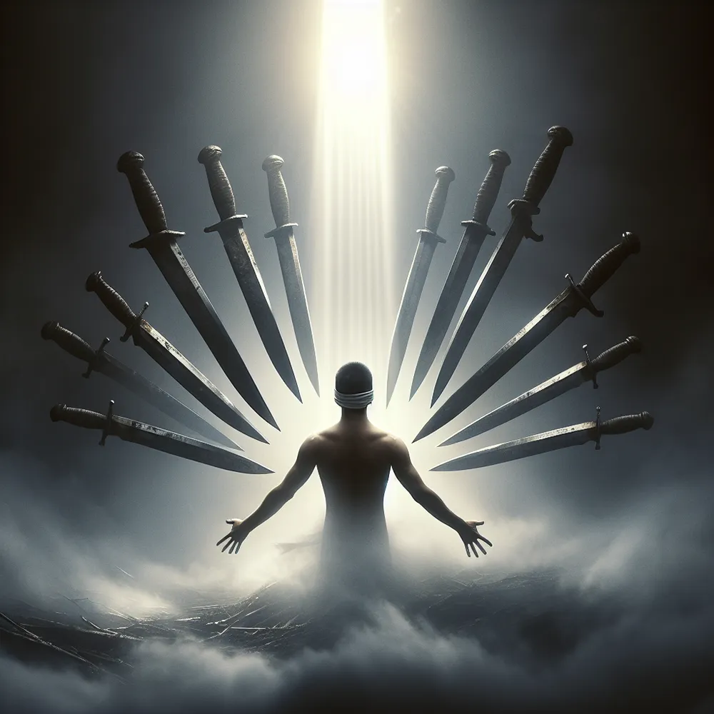 A blindfolded individual, who's skin tone is South Asian, stands in the midst of a foggy terrain, encircled by eight razor-sharp swords that seem to stem from the ground itself. Above, a breach in the heavy, dark clouds allows a beam of sunlight to shine brightly upon the figure, casting them in a radiant halo of light. This meticulous ray of light gives an impression of revelation and awakening. The individual slowly starts to lift the band from their eyes, hinting at a journey towards self-discovery and personal breakthrough.