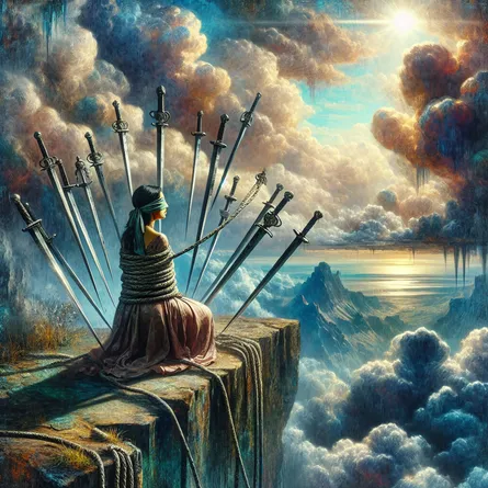Generate a calming, old-fashion painting of a South Asian woman, blindfolded with ropes wrapped around her, encircled by eight metallic blades thrust into the earth. She is stationed on the precipice of a massive rock face with a panorama of tempestuous clouds amassing at the skyline behind her. This scenery embodies the mental strife symbolized by the Eight of Swords card in tarot readings. However, there's a singular beam of sunlight breaking through the cloudy canopy, suggesting anticipation and awakening the possibility of freedom.