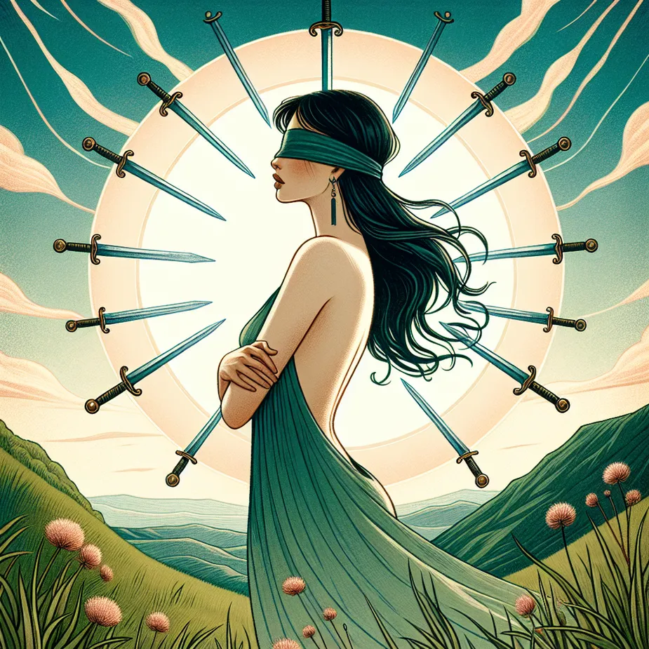 Illustrate an East Asian woman elegantly liberating herself from blindfolds around her eyes, encircled by eight floating swords symbolizing the Eight of Swords tarot card. The colors should feel ethereal and evoke a sense of emancipation. She stands on a precipice, gazing over a verdant countryside that symbolizes her newfound liberty and infinite potential.