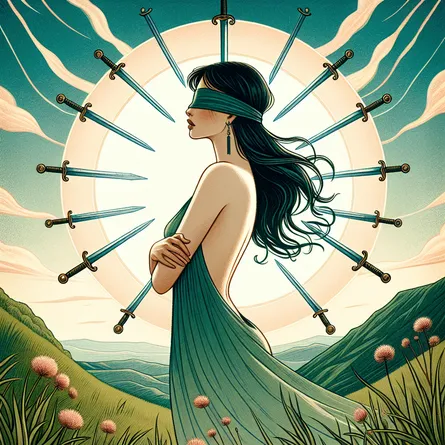 Illustrate an East Asian woman elegantly liberating herself from blindfolds around her eyes, encircled by eight floating swords symbolizing the Eight of Swords tarot card. The colors should feel ethereal and evoke a sense of emancipation. She stands on a precipice, gazing over a verdant countryside that symbolizes her newfound liberty and infinite potential.