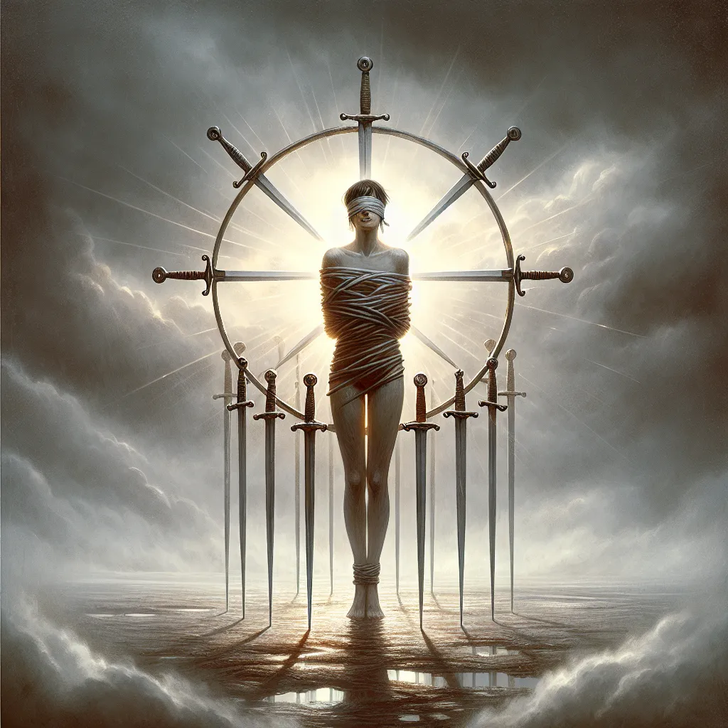 Imagine a detailed image that embodies the essence of the classic tarot card known as the Eight of Swords. Visualize a blindfolded figure, bound lightly, standing in the nucleus of a circle formed by eight swords that are rooted firmly into the earth. Overcast or foggy surroundings comprise the backdrop, illustrating a feeling of captivity, yet subtly, a ray of light pierces through the clouds as a sign of hope and the prospect of freedom. The artistic approach should be magical and descriptive, encapsulating a mood of reflection and metamorphosis.