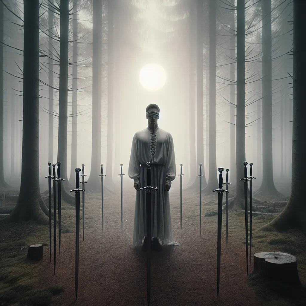 Create an image of the Eight of Swords tarot card, featuring a person standing with eyes blindfolded and hands bound, surrounded by eight swords planted in the ground forming a semi-circle. The scene is set in a misty forest clearing, emphasizing a sense of entrapment but with a subtle hint of dawn light breaking through the trees, symbolizing hope and the possibility of liberation. The mood should convey a balance of introspection and potential for overcoming obstacles.