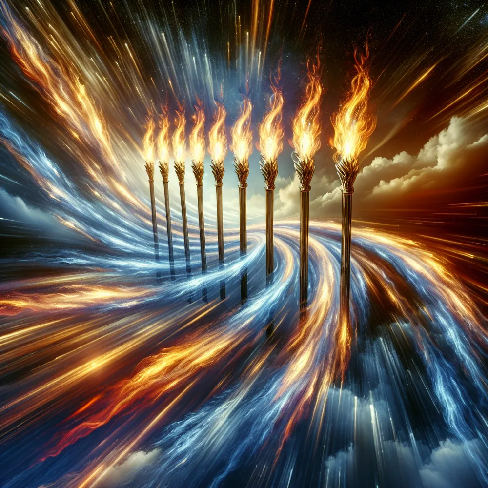 An image portraying an abstract concept, where eight resplendent wands imbued with flames elegantly traverse across a tempestuous sky. These wands are symbolizing rapid transformation and progression. The dynamics of their movement are vividly showcased through artistic streaks of radiating light, capturing the intensity and motion of the scene.
