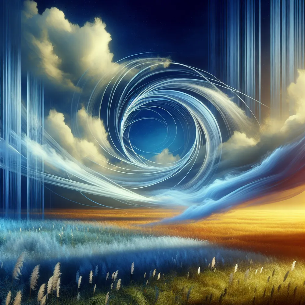 Imagine a dynamic scene of a strong wind blowing against eight wands or rods. These rods are depicted hovering gracefully through an open azure sky, reflecting enormous energy and dynamic movement. Despite the swift and forceful aerial spectacle, the ground remains serene; it's a peaceful meadow awash in the golden light of daybreak. This dichotomy between the ground and the sky mirrors the balance between change and serenity. The ground stands for the present moment, indicating tranquility and calmness despite the quick and eventful sky changes.