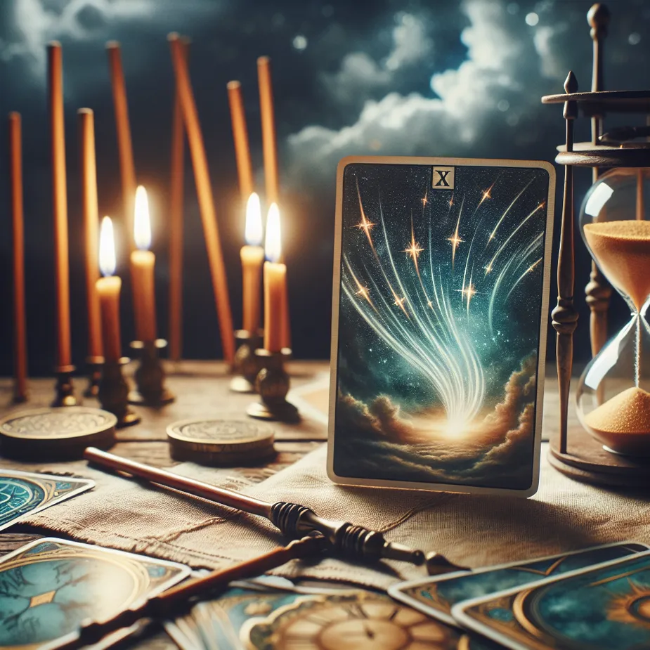 A tarot card spread spread across an old, wooden table. Focus on the Eight of Wands card, which exudes an ambiance of haste and powerful life force; visualize the Wands as they streak across the sky, likened to shooting stars. In the distant backdrop, an hourglass subtly steals some attention, it represents the constant flow of time and the fleeting nature of life.