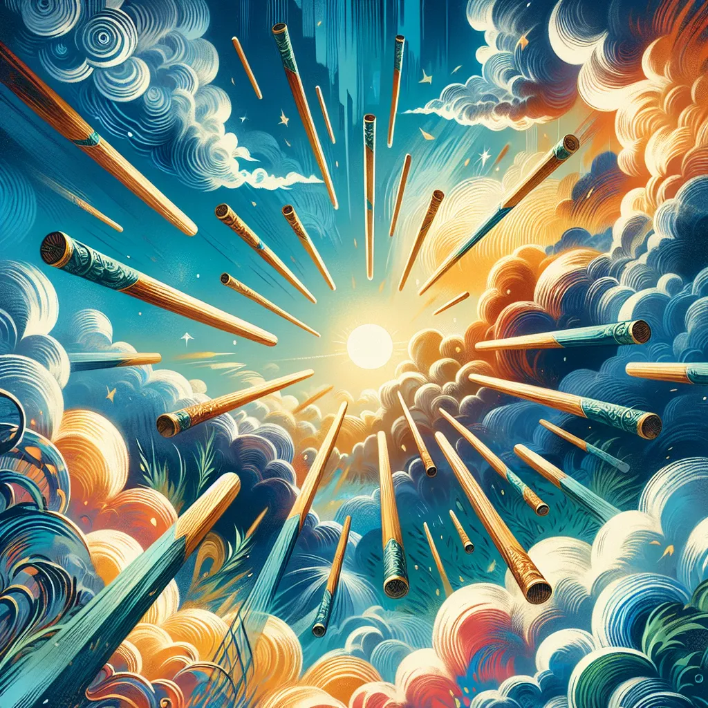 Create a dynamic and mystical hero image depicting the tarot card Eight of Wands. Visualize eight wooden wands flying through the air amidst a vibrant and colorful sky, symbolizing rapid movement and progress. Include elements of nature, such as clouds and gusts of wind, to convey swift motion. The overall color palette should be energetic and full of vitality, with shades of blue, orange, and green. The image should evoke a sense of excitement and forward momentum, while maintaining an air of mystery and possibility.