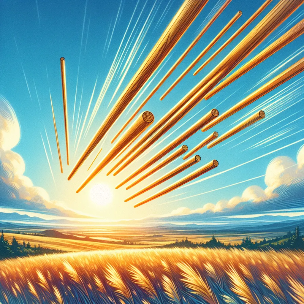 Create a dynamic and colorful digital illustration of the Eight of Wands tarot card. The scene should feature eight wooden wands swiftly flying across a clear, blue sky symbolizing rapid movement and progress. The landscape below shows open fields with a distant horizon, conveying a sense of limitless potential and forward momentum. The light is bright and energetic, with the sun casting a warm, golden glow. Include subtle elements of wind to suggest speed and direction, giving the viewer a feeling of action and urgency.