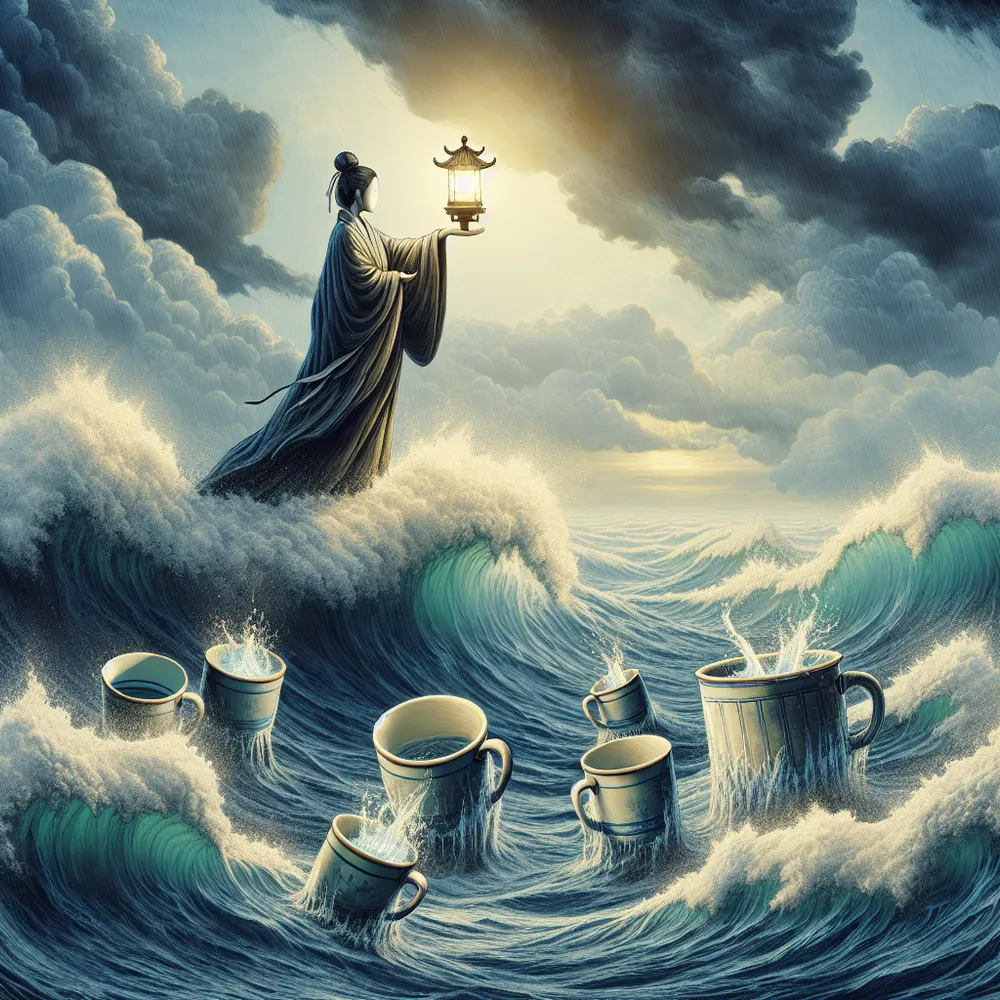 Create a heart-stirring image of an Asian female philosopher, cloaked in robes, standing above a tumultuous sea to embody the themes of loss and uncertainty. In the unruly waters, depict five cups, spilling their contents, bobbing on the waves. The philosopher is holding a resilient, steady lamp high in her hand, casting a fair light despite the turmoil around, signifying her control, calmness, and reliable direction in the midst of uncertainty and chaos.