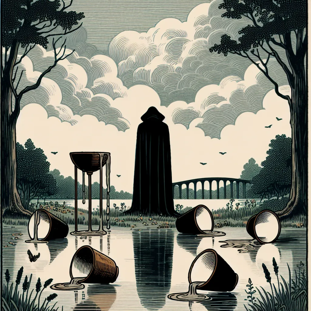 Create an illustration of the Five of Cups tarot card. The scene features a solitary figure cloaked in black, standing by a tranquil river under a cloudy sky, symbolizing melancholy and reflection. In the foreground, three cups are overturned, spilling their contents onto the grass, signifying loss. Behind the figure, two upright cups stand intact, hinting at hope and potential. The background depicts a tranquil bridge crossing the river, representing the journey from grief to acceptance. The overall mood is somber yet subtly hopeful, capturing the essence of focusing beyond present disappointments.