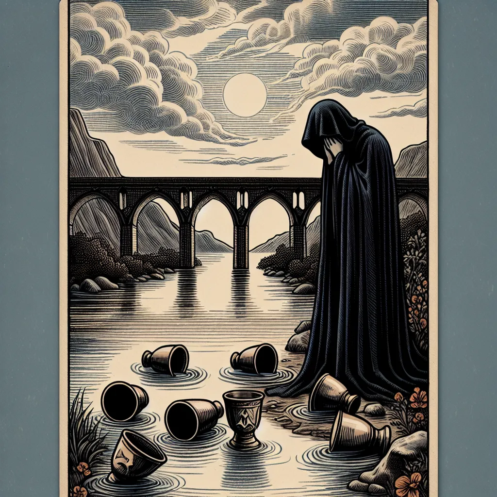 Create an illustration of the Five of Cups tarot card. Show a sorrowful figure standing beside a river, shrouded in a dark cloak, with three cups overturned in front of them. In the background, depict two cups still upright, symbolizing hope and potential. The landscape should be somber yet serene, with an old stone bridge spanning the river. Include a cloudy sky, suggesting introspection and emotional depth.