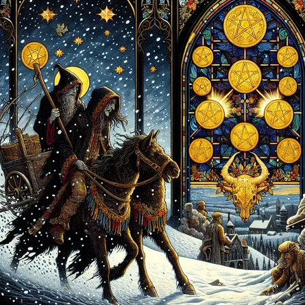 Depict a detailed tarot card that echoes the qualities of the Rider-Waite deck, an artistic style prevalent in the late 19th century characterized by its illustrative intricacy, vibrant color palette, and mystic symbols. The central focus is a folkloric figure of undefined descent and gender, clad in ragged clothing, marching past a gothic stained glass window adorned with five gleaming golden pentacles. A heavy snowfall fills the desolate nighttime scene, the chilled atmosphere resonating with the hardships and struggle symbolized by the Five of Pentacles tarot card.