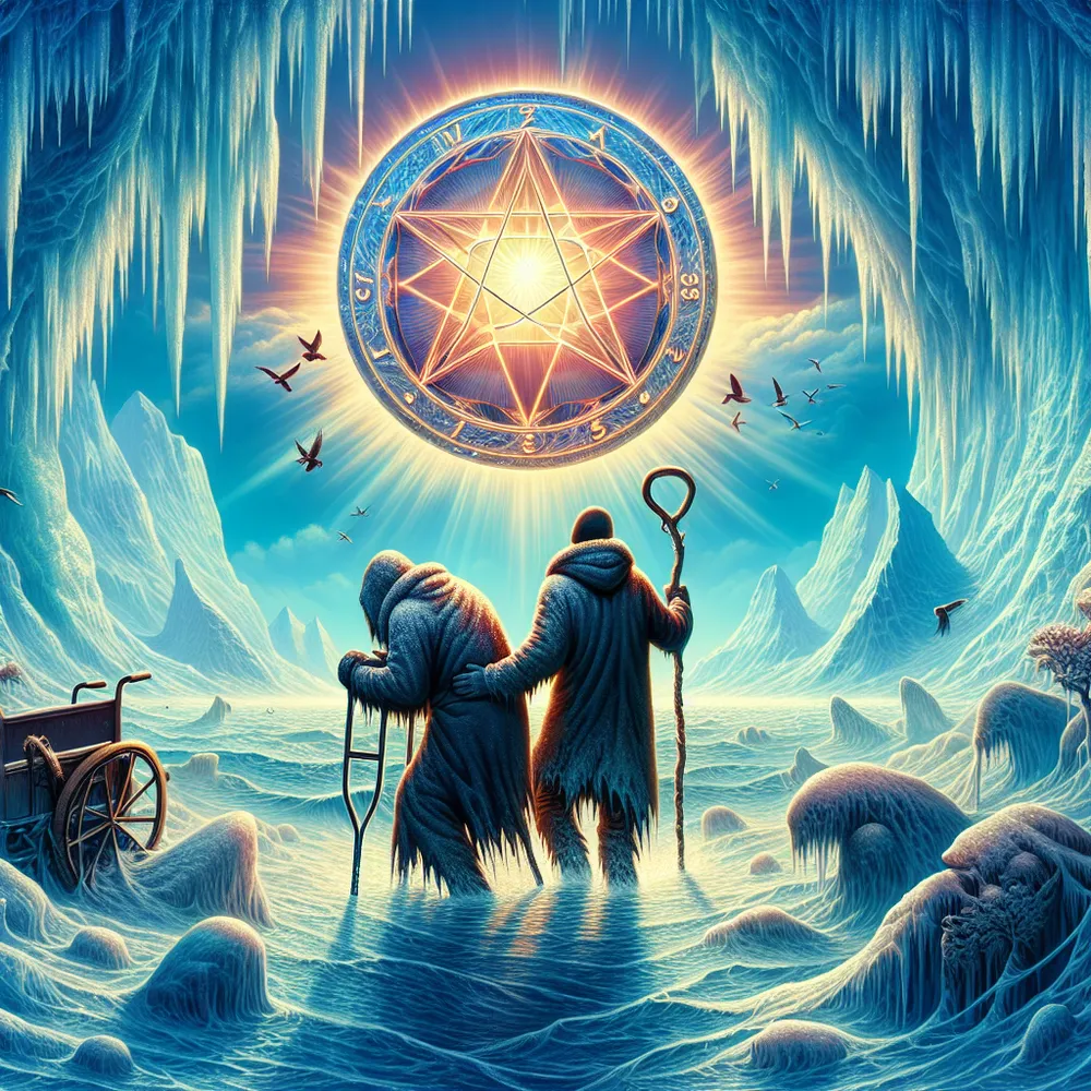 A vivid and symbolic image of two cloaked figures trudging through a frosty landscape encompassed by a glacial winter facade under a radiant, luminous pentacle. The shimmering pentacle quintessentially embodies the spirit of tenacity glowing in the backdrop of hardship. One figure, of Caucasian descent and female, leans on a sturdy crutch reflecting their relentless struggle, while the other figure, an Asian male, optimistically looks up at the pentacle. The latter embodies an inspired portrayal of unwavering courage and burgeoning hope amidst hardship.