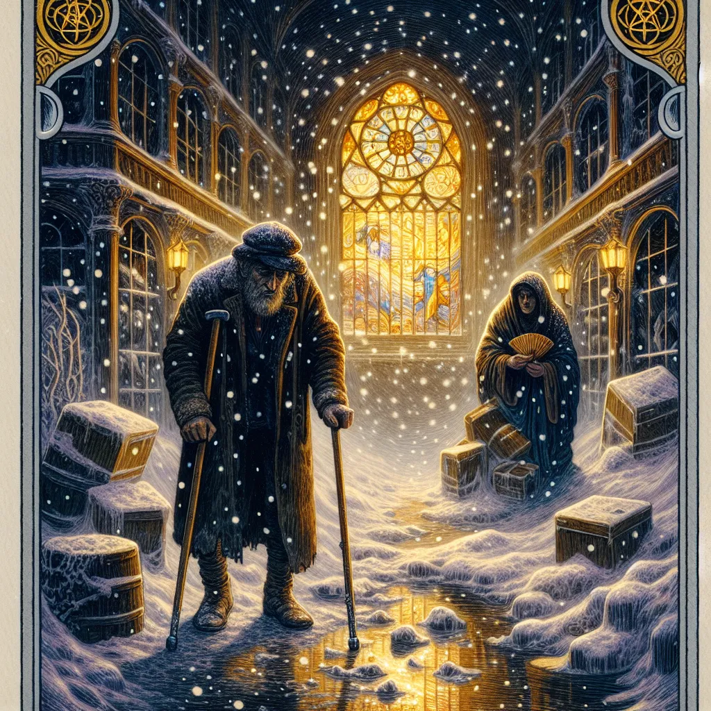 Create an artistic image depicting the classic tarot card 'Five of Pentacles.' Show two weary figures, one with a crutch, trudging through a cold, snowy street. The scene should capture a sense of hardship and exclusion, with a dimly illuminated stained glass window of a church or spiritual sanctuary in the background. The atmosphere is somber yet hopeful, highlighting the contrast between the figures' visible struggle and the warm light of potential refuge behind them. Include elements of intricate detail, evoking classic tarot card imagery and symbolism.