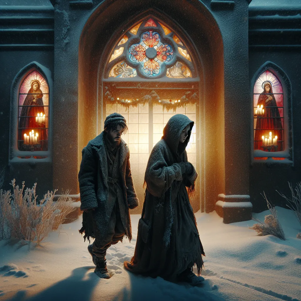 Two figures, dressed in tattered clothing, walk through a snowy landscape outside an ornate, illuminated church window. Their expressions convey struggle and isolation, yet determination is evident in their eyes. Snowflakes gently fall around them, casting soft shadows. The church window is vibrant with warm colors, hinting at shelter and hope inside. The scene balances contrast between the harsh outer cold and the inviting glow within.