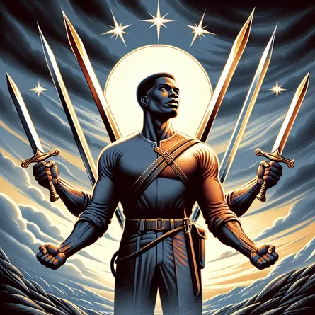 Create an image of a resilient African-American hero standing unwavering in the midst of a battlefield, appearing triumphant yet thoughtful. He is clutching five glittering swords against an ominous sky backdrop, symbolizing both war and victory simultaneously. Illustrate the dual nature of success achieved against high odds in a refined, subtle, and emblematic manner.