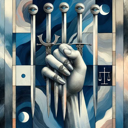 Create an image depicting a hand, with its fingers securely wrapped around the hilts of five delicately curving swords. The blades of these weapons point downwards. The backdrop is abstract and is compartmentalized into five separate areas, each showcasing a unique texture. These textures are evocative of the different perceptions within a battle. The color palette leans towards cool shades, predominantly blues and grays, to embody an atmosphere of introspective reflection and calculated judgement. Seamlessly blend in a gleaming moon and a single perfectly balanced scale for subtle references to later cards in the seemingly mysterious reading. Make sure to embellish the handles of the swords with intricate eye-like engravings as symbols of self-awareness and intuition.